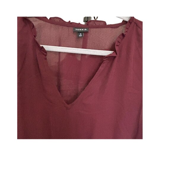 Nearly New Torrid Ruffle Georgette Long Sleeve Tunic Blouse in Winetasting Sz 3x - Picture 6 of 8